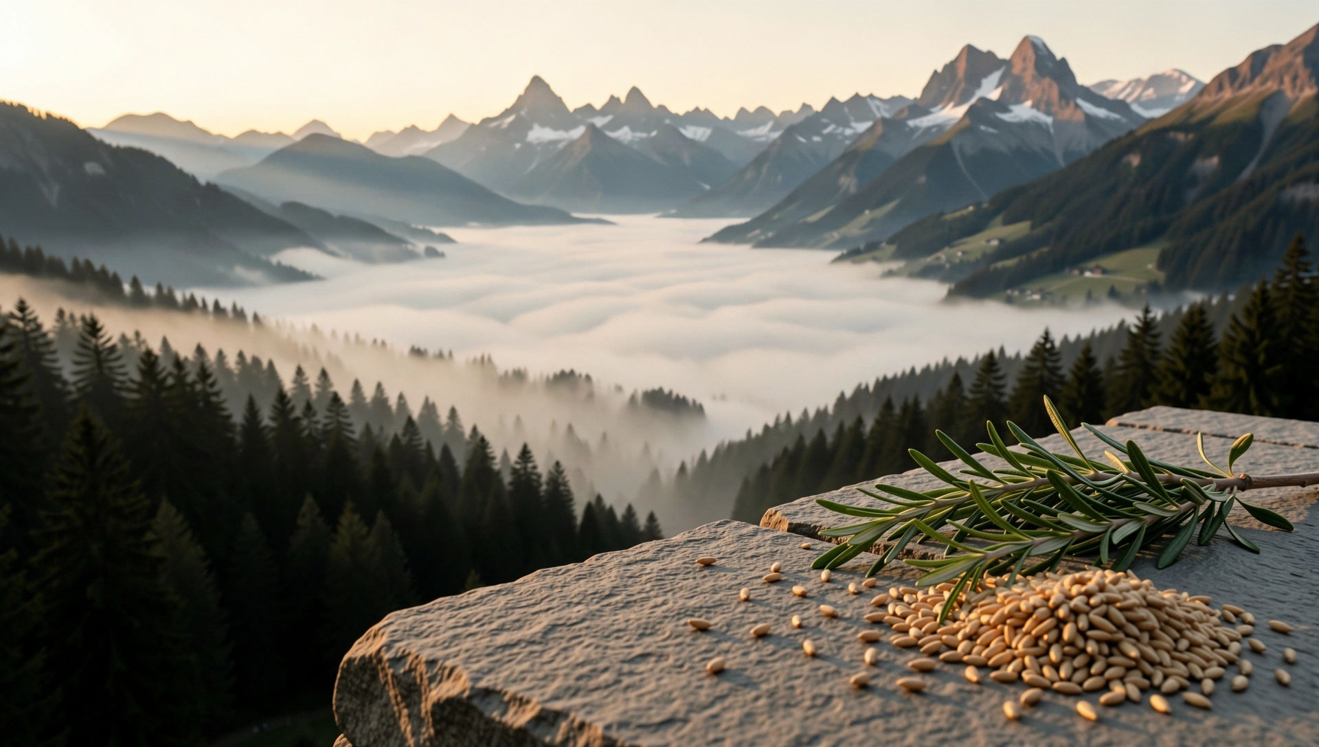 Schweizer Alpenlandschaft im Morgennebel