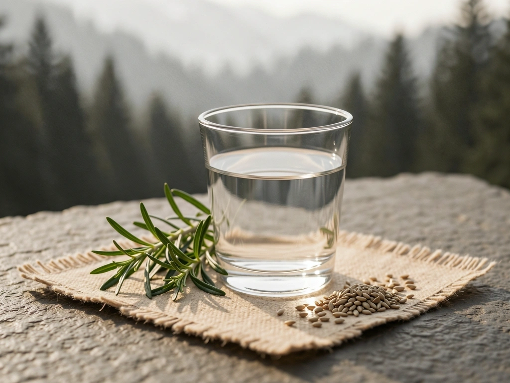 Minimalistisches Stillleben Wasser und Rosmarin